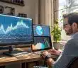 Jeune papa sur son ordinateur regardant des courbes de trading, business