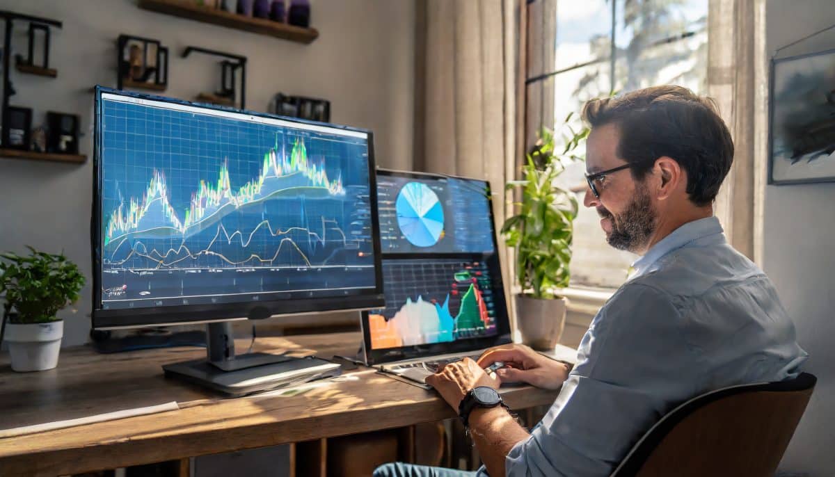 Jeune papa sur son ordinateur regardant des courbes de trading, business