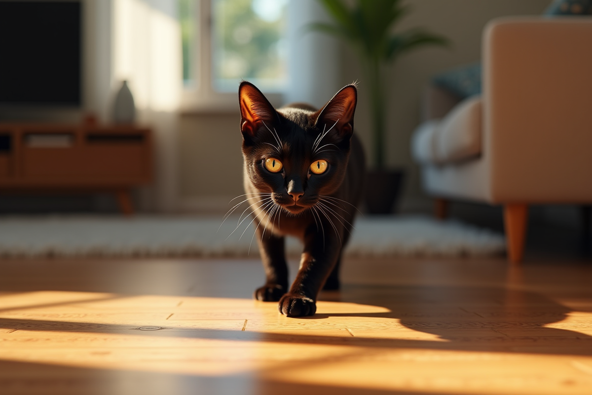 Chat bengal noir explorant un salon moderne en après-midi