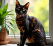Chat bengal noir sur une fenêtre ensoleillée avec plantes vertes