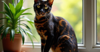 Chat bengal noir sur une fenêtre ensoleillée avec plantes vertes