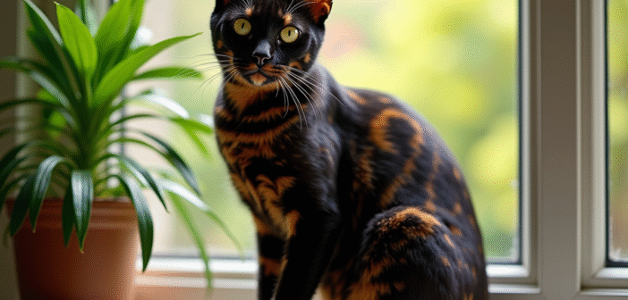 Chat bengal noir sur une fenêtre ensoleillée avec plantes vertes
