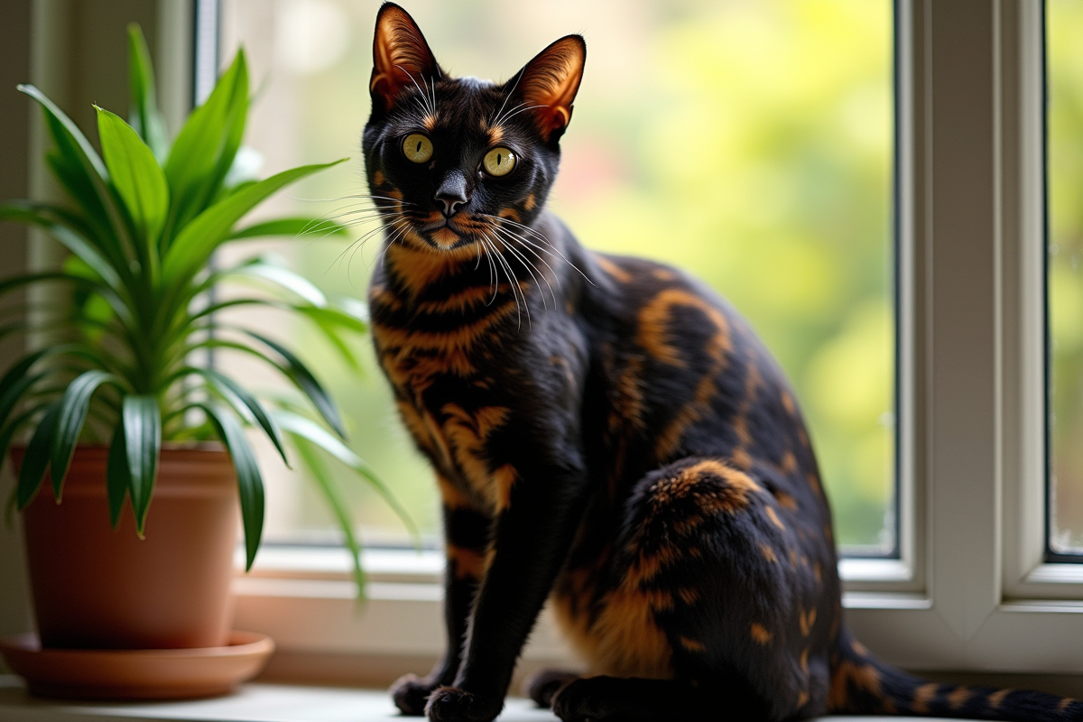 Chat bengal noir sur une fenêtre ensoleillée avec plantes vertes