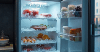 Cuisine moderne avec congélateur entrouvert et aliments en thaw