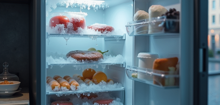 Cuisine moderne avec congélateur entrouvert et aliments en thaw
