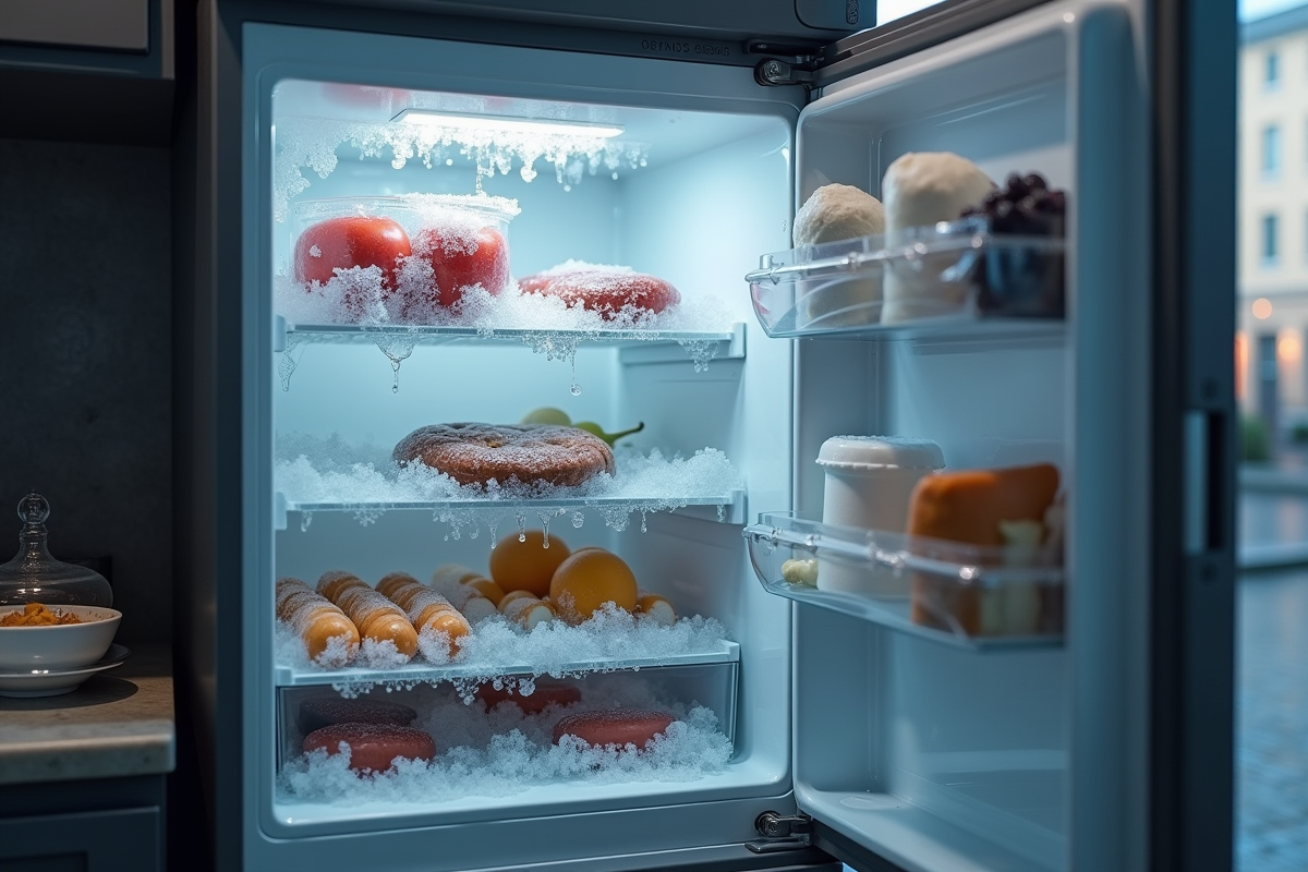 Cuisine moderne avec congélateur entrouvert et aliments en thaw