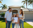 Famille heureuse devant une maison en Floride avec clés et documents
