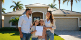 Famille heureuse devant une maison en Floride avec clés et documents