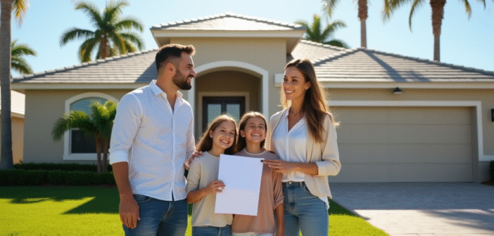 Famille heureuse devant une maison en Floride avec clés et documents