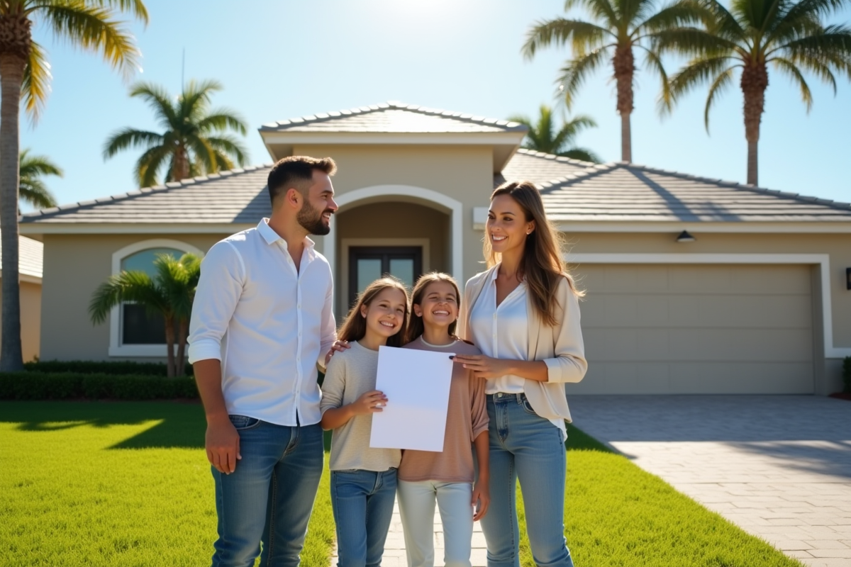 Famille heureuse devant une maison en Floride avec clés et documents