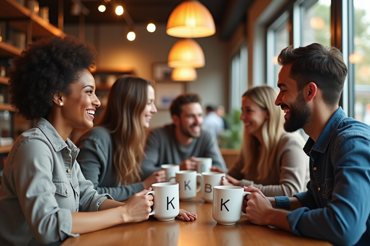 Parents discutant de noms de bébé avec K dans un café lumineux