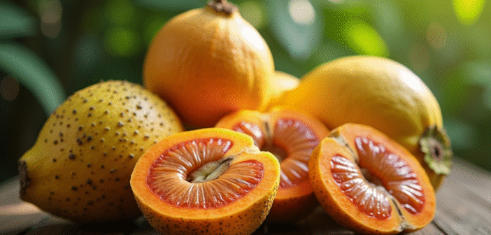Assortiment de fruits tropicaux frais sur une table en bois