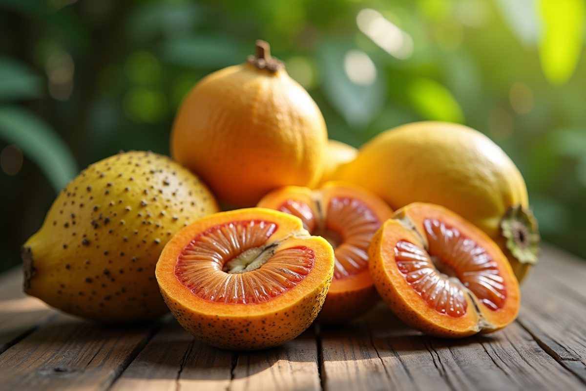 Assortiment de fruits tropicaux frais sur une table en bois