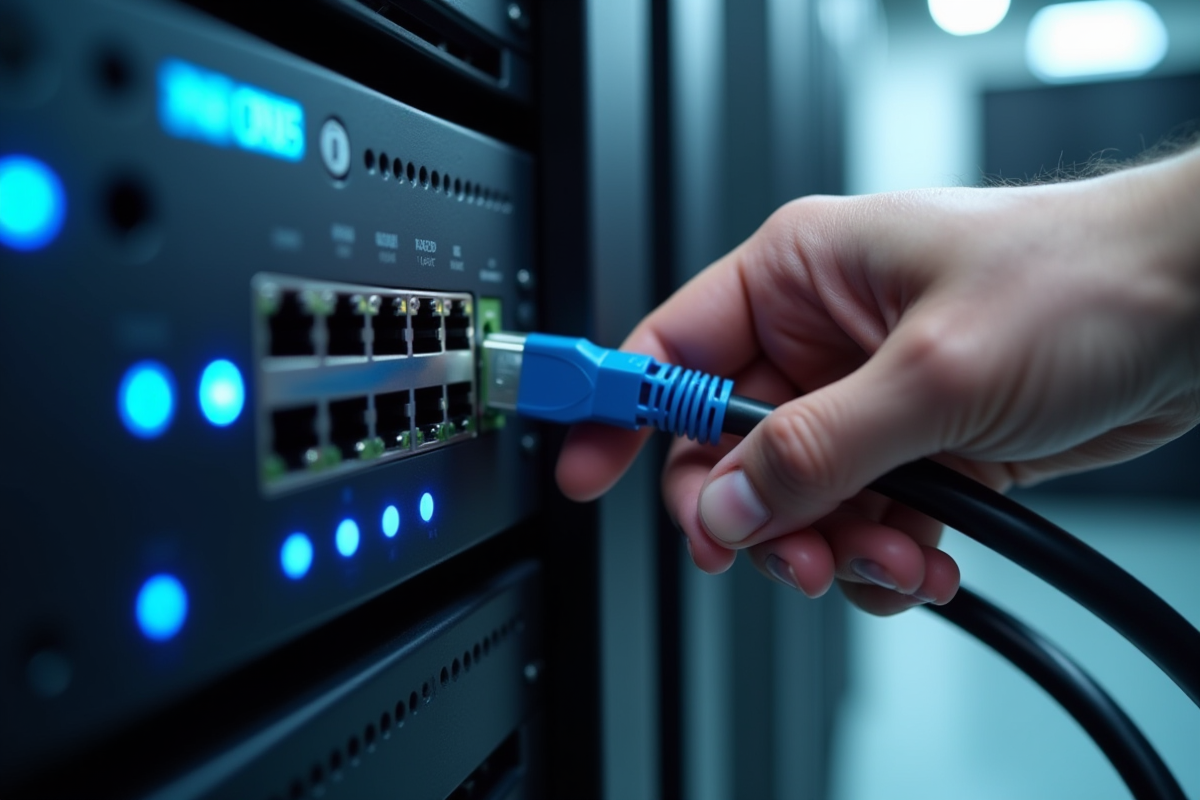 Main branchant un câble Ethernet dans un serveur réseau lumineux