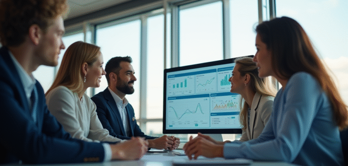 Espace de travail moderne avec équipe collaborant sur intranet
