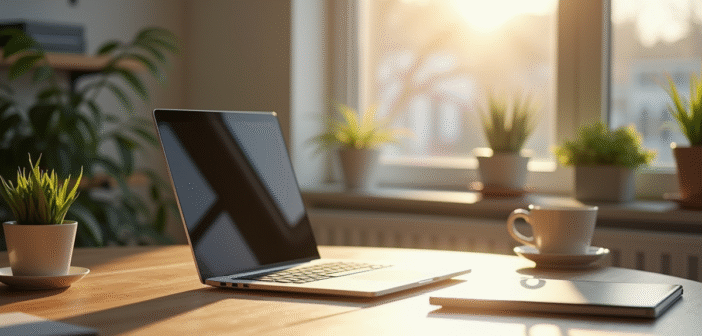 Espace de travail moderne et organisé avec un ordinateur portable lumineux