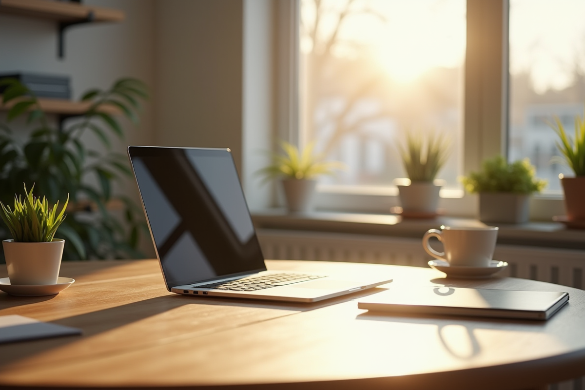 Espace de travail moderne et organisé avec un ordinateur portable lumineux