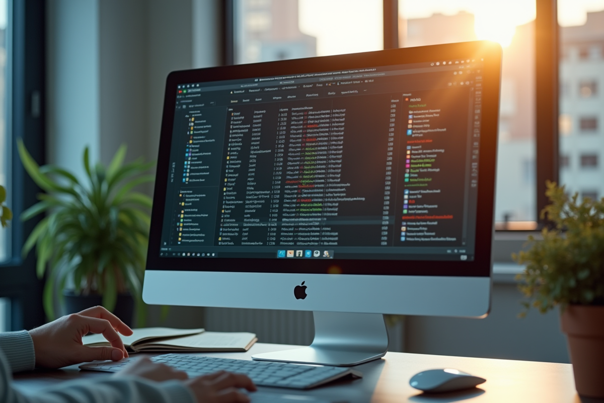 Espace de travail moderne avec écran affichant serveurs eMule et sécurité