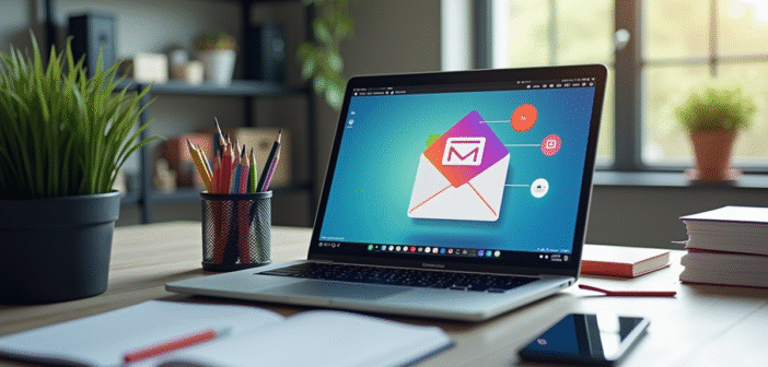 Bureau moderne avec ordinateur portable affichant un webmail coloré