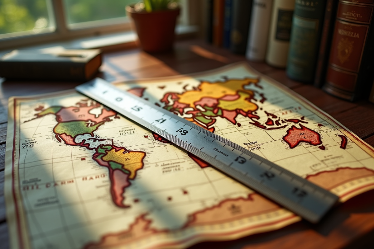 Carte ancienne sur une table en bois avec règle métallique et lumière naturelle