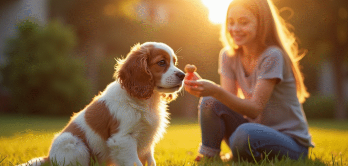 Chiot cocker spaniel assis sur l'herbe avec une femme