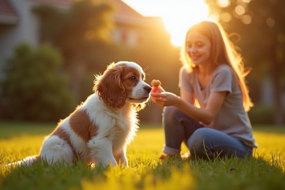 Chiot cocker spaniel assis sur l'herbe avec une femme