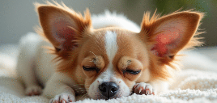 Chihuahua senior reposant paisiblement sur une couverture douce