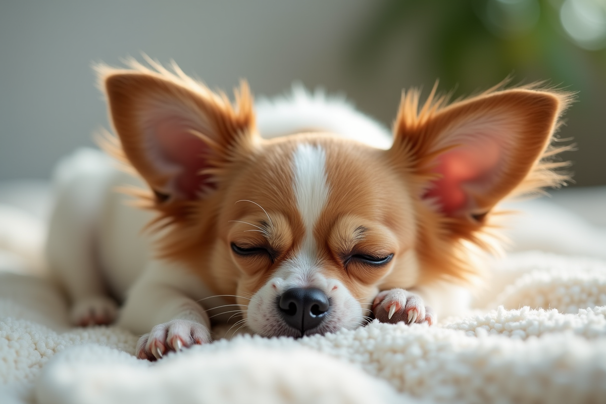 Chihuahua senior reposant paisiblement sur une couverture douce