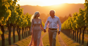 Couple agee main dans la main dans un vignoble ensoleille