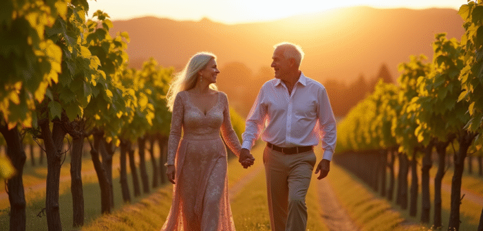 Couple agee main dans la main dans un vignoble ensoleille