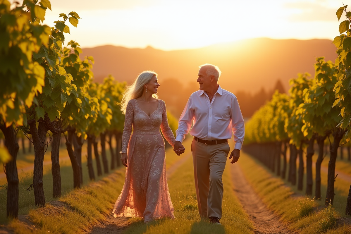 Couple agee main dans la main dans un vignoble ensoleille
