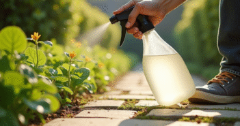 Personne pulvérisant du vinaigre blanc sur des mauvaises herbes dans un chemin ensoleille