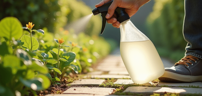 Personne pulvérisant du vinaigre blanc sur des mauvaises herbes dans un chemin ensoleille