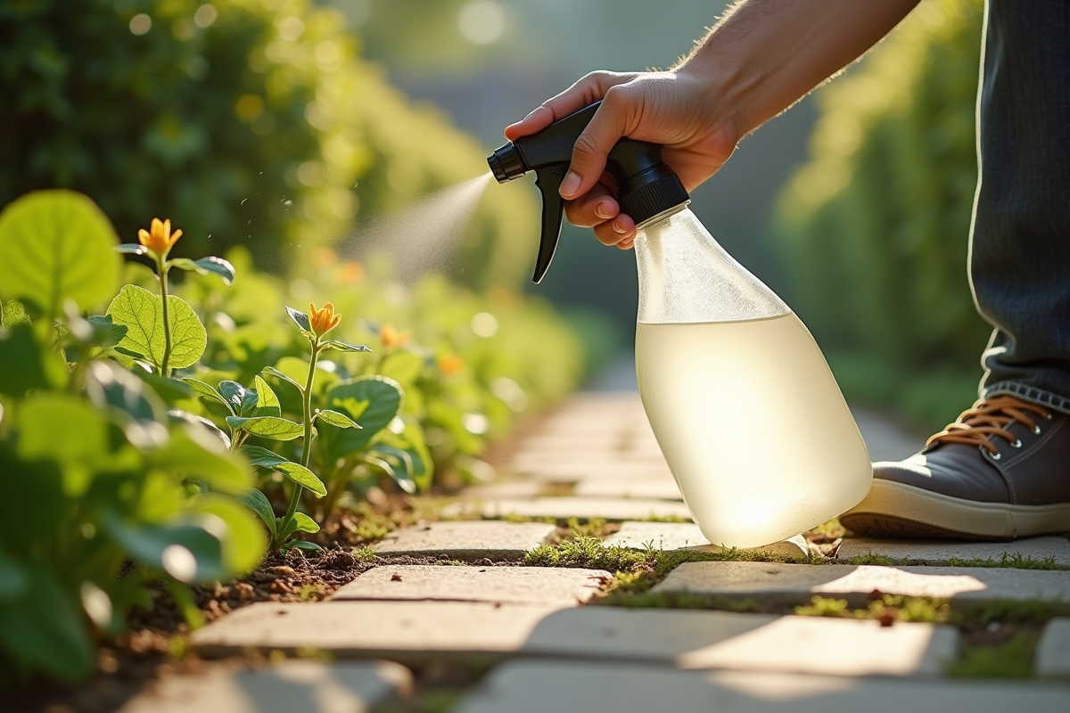 Personne pulvérisant du vinaigre blanc sur des mauvaises herbes dans un chemin ensoleille