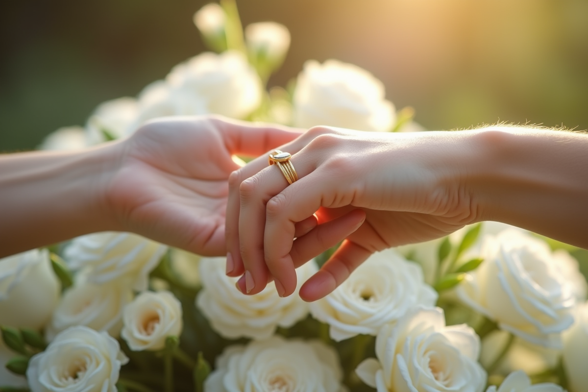 Mains échangeant des bagues en or sur un bouquet de fleurs blanches