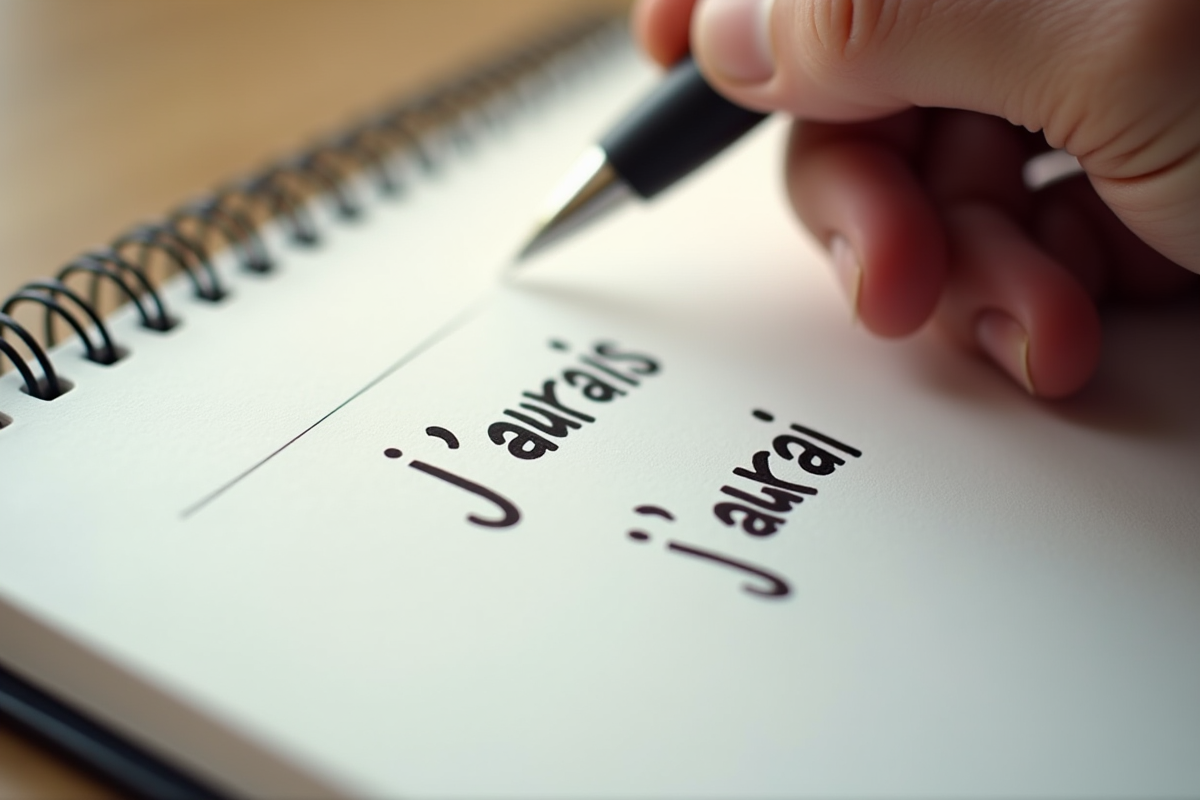 Main écrivant j'aurais et j'aurai sur un cahier blanc