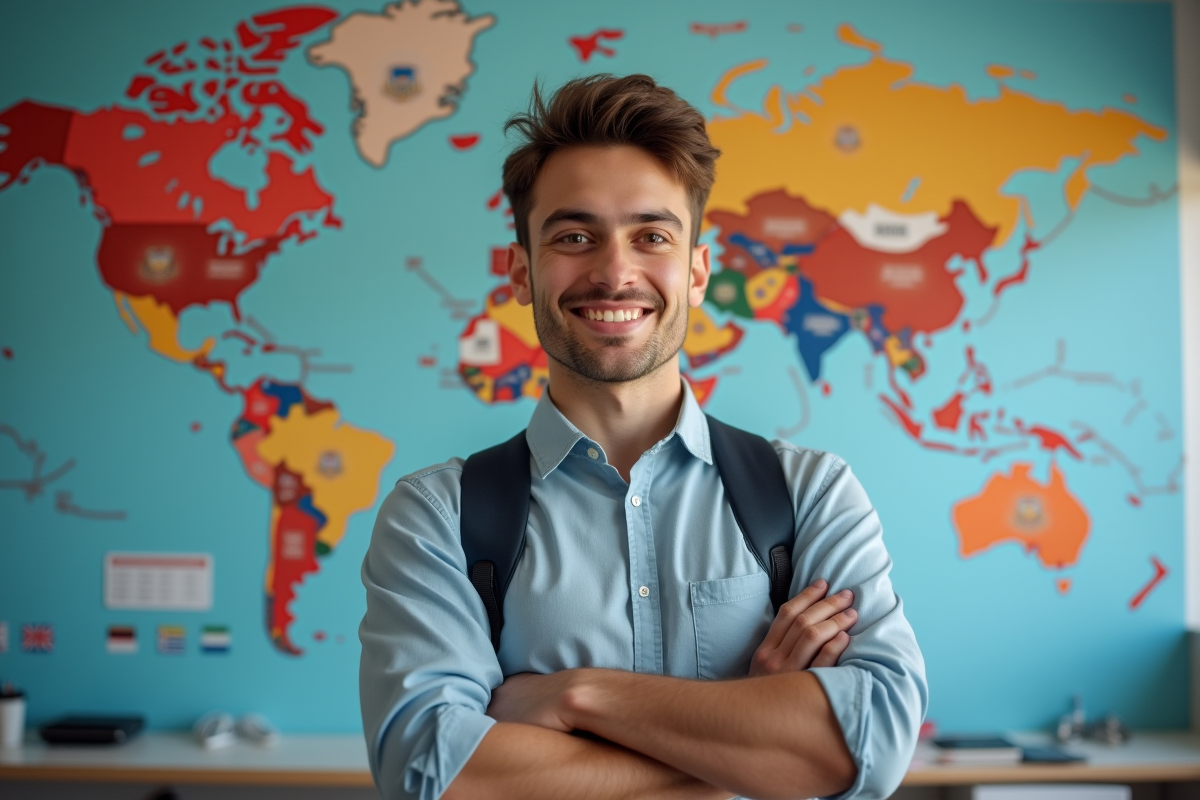 Étudiant confiant devant drapeaux et graphique mondial