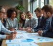 Groupe de collègues analysant des graphiques de satisfaction client