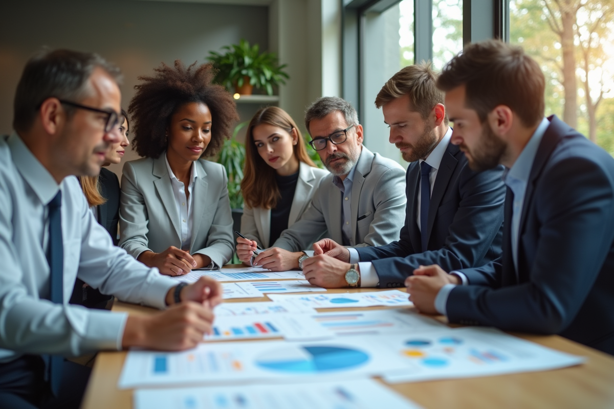 Groupe de collègues analysant des graphiques de satisfaction client
