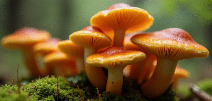 Champignons fausse chanterelle sur sol mousseux forêt