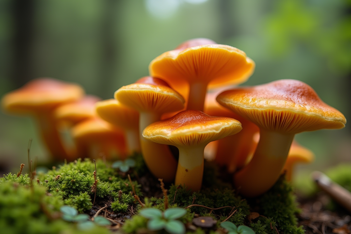 Champignons fausse chanterelle sur sol mousseux forêt