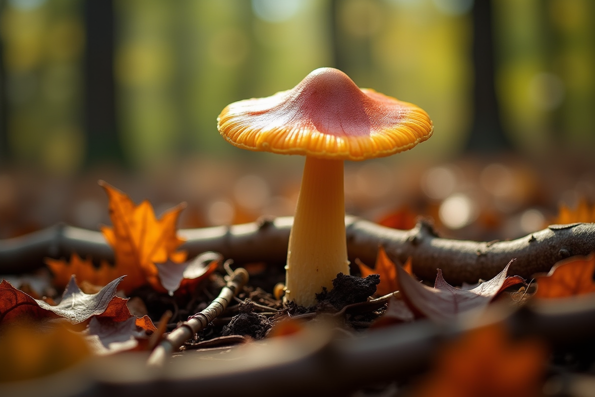 Champignon fausse chanterelle vu de dessus avec feuilles