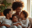 Femme afroamericain confiante en famille dans le salon