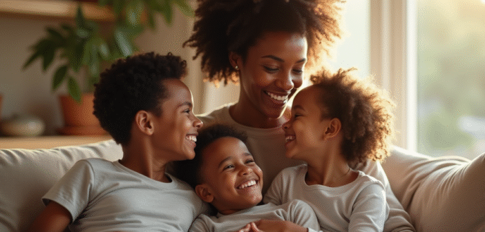 Femme afroamericain confiante en famille dans le salon