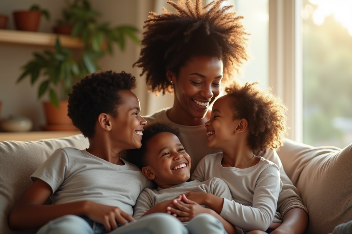 Femme afroamericain confiante en famille dans le salon