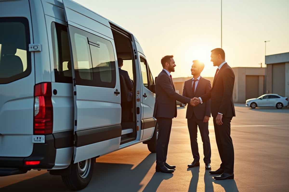 Groupe d'affaires souriants avec un minibus propre en plein soleil