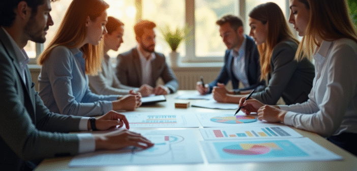 Groupe de personnes analysant des graphiques et statistiques