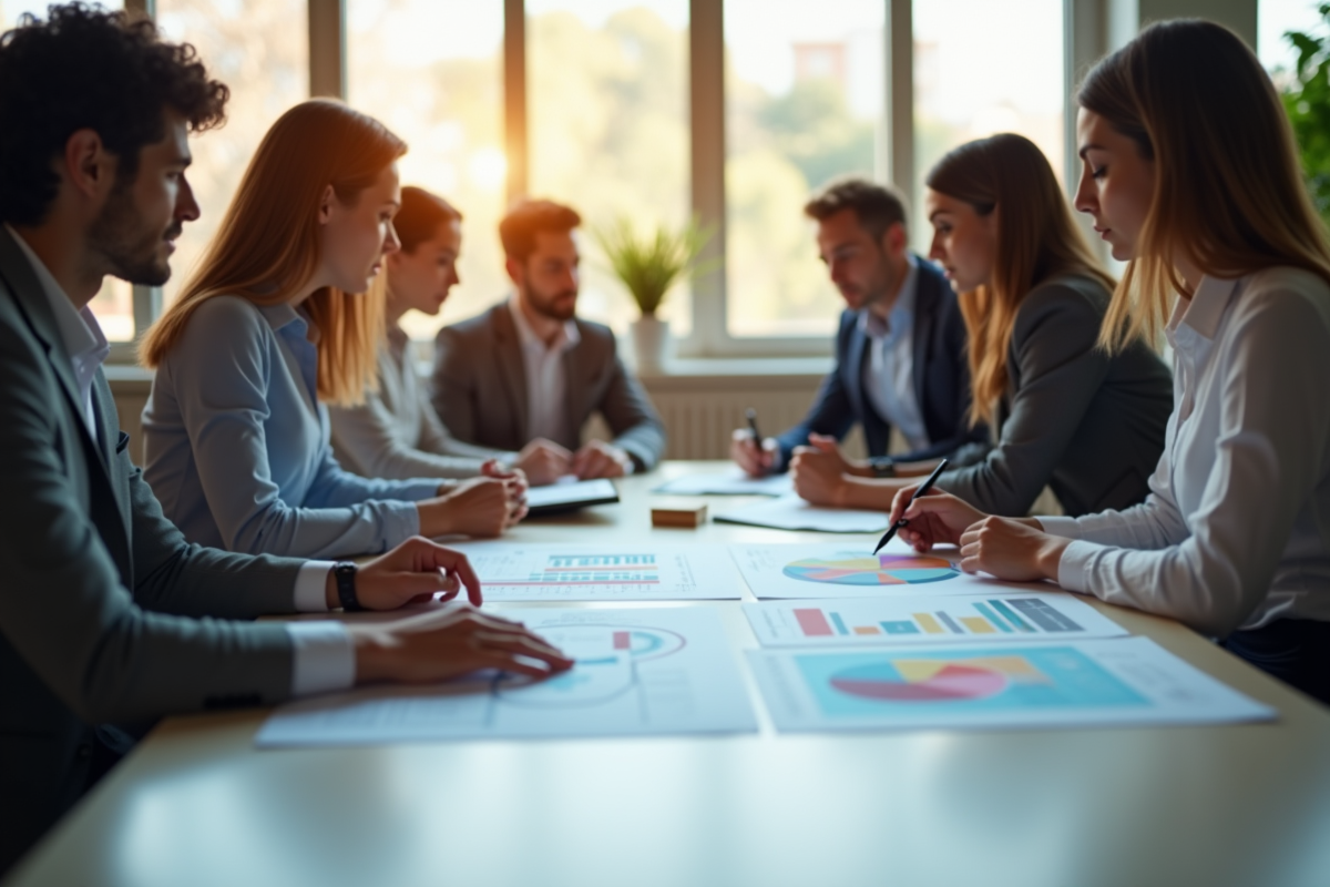 Groupe de personnes analysant des graphiques et statistiques