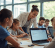 Groupe d'étudiants et professeur utilisant des tablettes dans une classe lumineuse