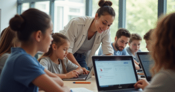 Groupe d'étudiants et professeur utilisant des tablettes dans une classe lumineuse